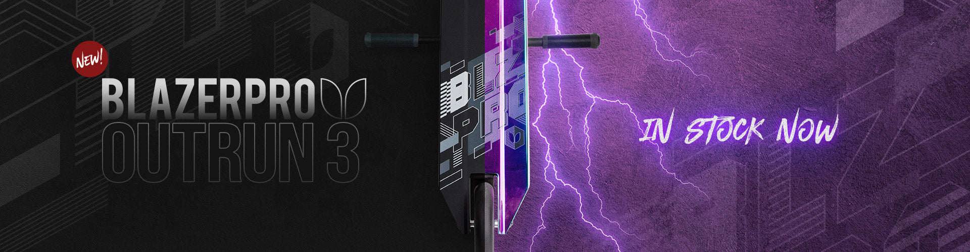 BlazerPro Outrun 3 scooter with lightning graphic and 'In Stock Now' text on a dark background.